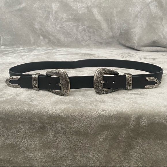 Double Buckle Black Western Belt Silver Hardware Etched Narrow Width Size S/M - Picture 1 of 8